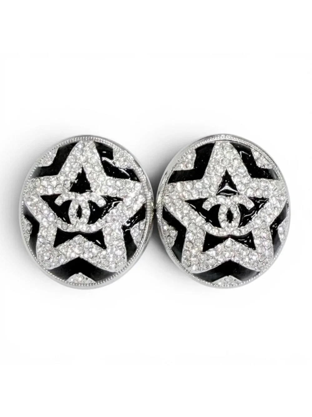 Chanel CC Logo Star Rhinestone Earrings Silver Black